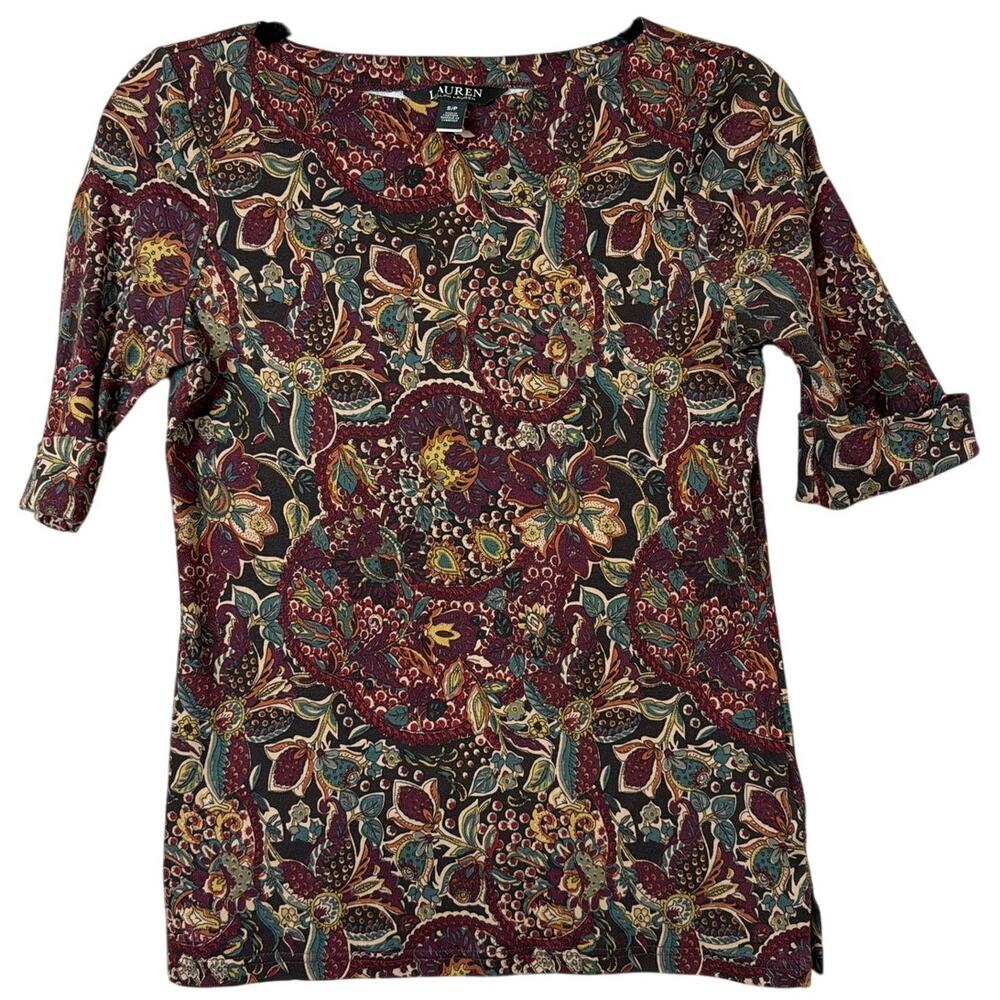 Lauren by Ralph Lauren Multicolored Rust & Brown Short Sleeve Top Size S
